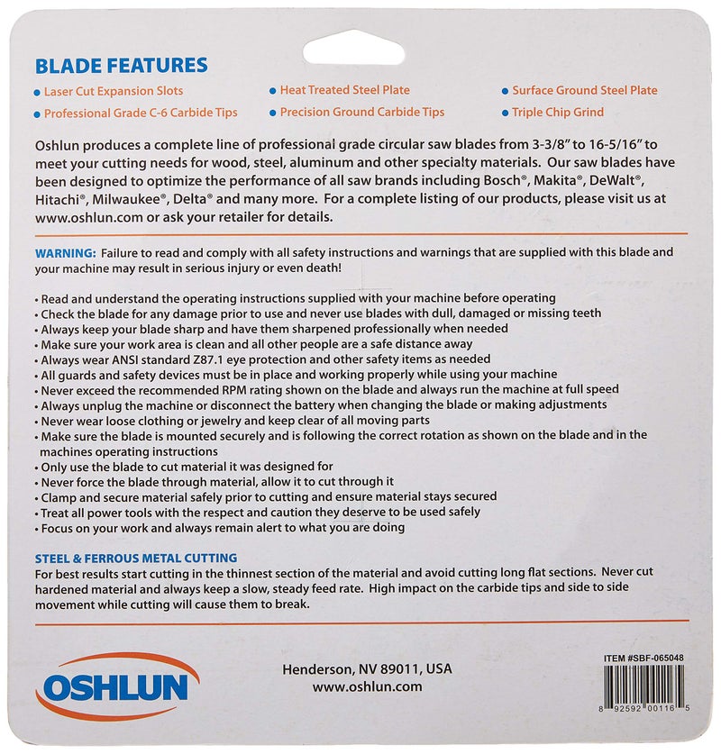 Oshlun SBF-065048 6-1/2-Inch 48 Tooth TCG Saw Blade with 5/8-Inch Arbor (Diamond Knockout) for Mild Steel and Ferrous Metals - Image 3